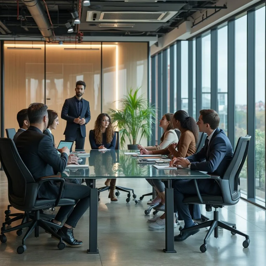 Oficina moderna de ConsultoríaPro con equipo trabajando