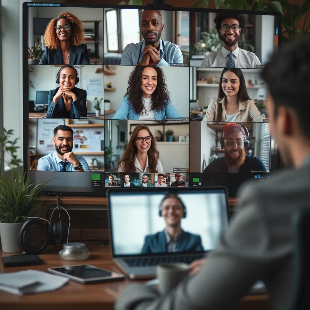 Equipo colaborando digitalmente en trabajo remoto